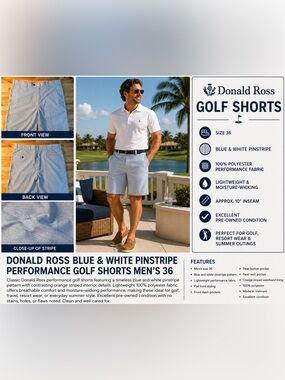 Donald Ross Blue & White Pinstripe Performance Golf Shorts - Men’s 36